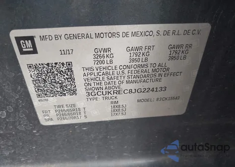 2018 Chevrolet Silverado 1500 1Lt from USA, damaged, VIN 3GCUKREC8JG224133